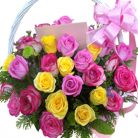 Buy 24 Pink,Red & Yellow Roses Basket to Philippines