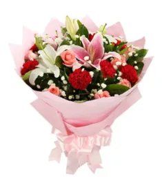 6 red carnations, 9 pink roses, 2 stalks perfume white and pink lilies to philippines