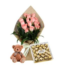 12 Pink Roses Bouquet,Ferrero Rocher with Bear Send to Philippines