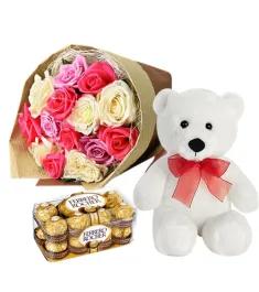 12 Red Roses in Bouquet, Chocolate Box w/ Red Heart Bear to Philippines