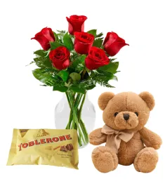 6 Pink Roses Bouquet,Ferrero Rocher Box w/ Bear Send to Philippines