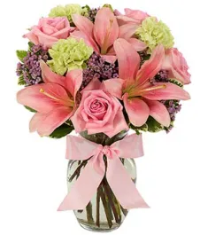 pink rose,lilies with mix flowers in vase