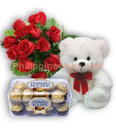 12 Red Roses,Ferrero Chocolate with Bear to Philippines