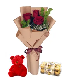 3 pcs Red Roses in Bouquet,Ferrero Box with Bear to philippines