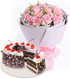 12 Pink Carnation Bouquet with Black Forest Cake by Red Ribbon