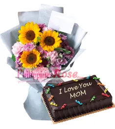 roses sunflowers bouquet with chocolate cake