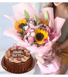 roses sunflowers bouquet with chocolate cake