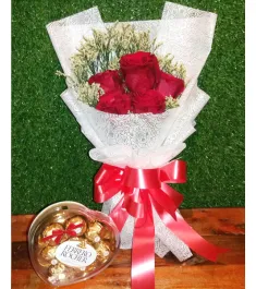 Five Red Roses in a bouquet with Ferrero Rocher Heart Shaped Chocolates Box