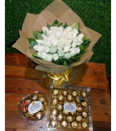 24 White Roses Bouquet with Chocolates Box