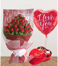 24 Red Roses with Chocolate and Balloon