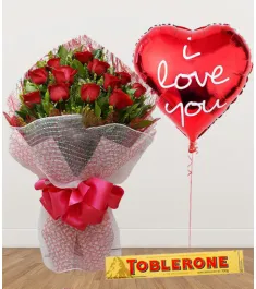 12 Red Roses with Chocolate and Balloon