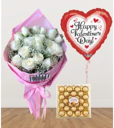 12 White Roses with Chocolate and Balloon