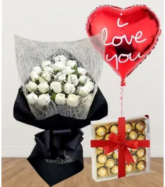 24 White Roses with Chocolate and Balloon