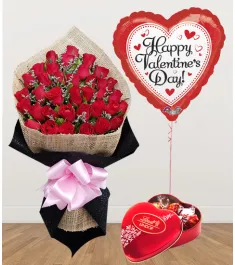 24 Red Roses with Chocolate and Balloon