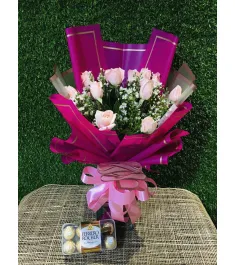 12 Pink Roses in a Bouquet with Ferrero Rocher