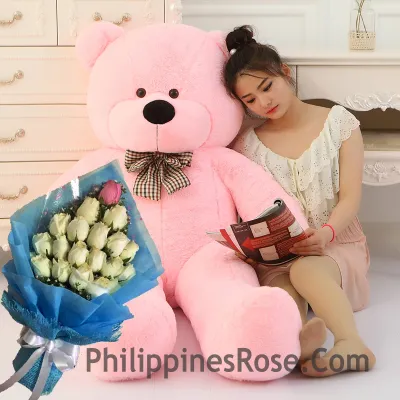 5 feet giant bear with white rose bouquet to philippines