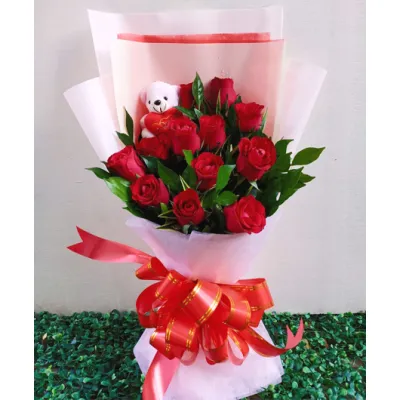 12 Red Roses with FREE Mini Bear