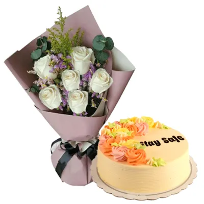 6 White Roses with Vanilla Message Cake By Max's